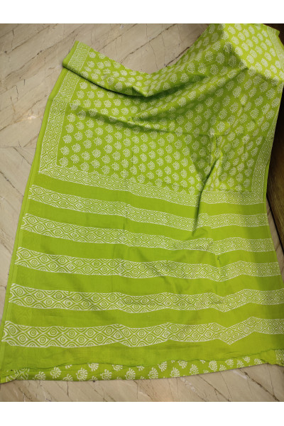 All Over Printed Green Mulmul Cotton Saree (KR1562)